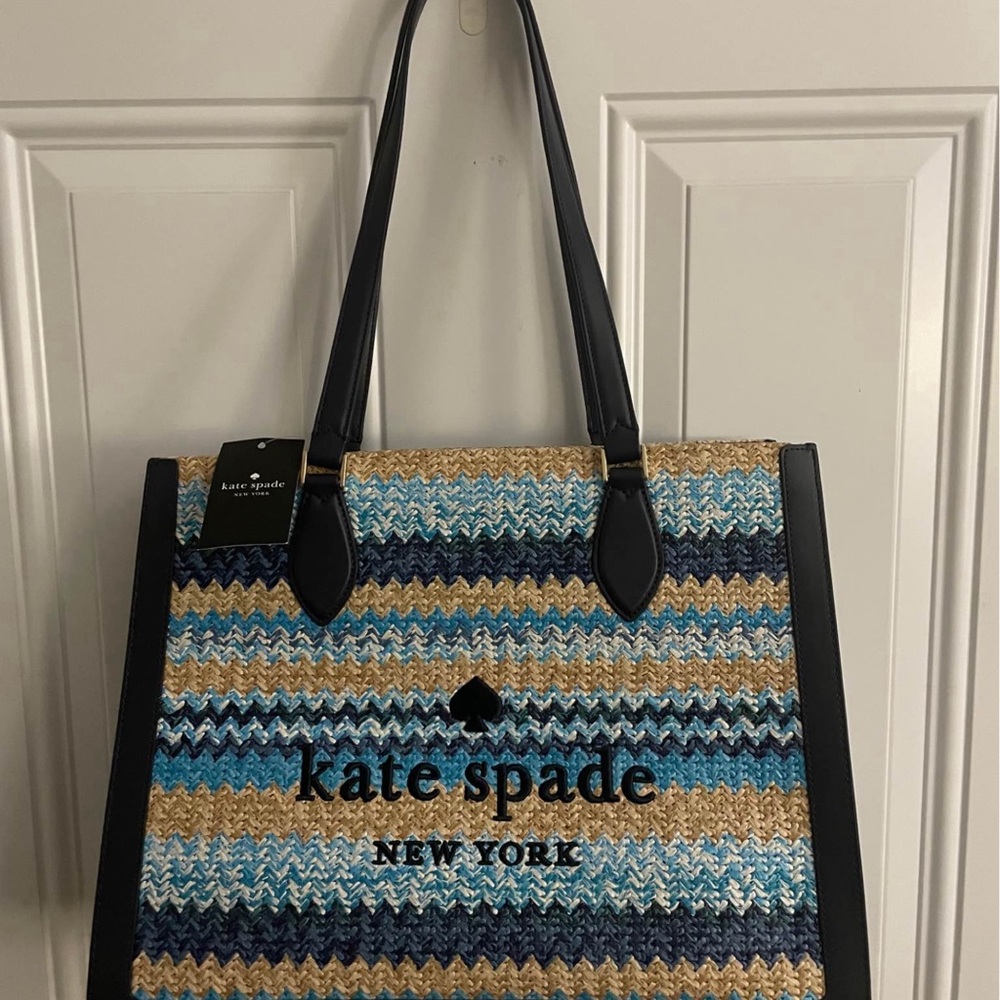 Kate Spade Multicolor ELLIE STRAW Stripe blue Chevron Tote